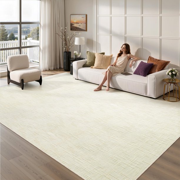 Valenrug Alfombra de Área 6x9, Alfombra Lavable de Pelo Alto y Bajo para Sala, Marfil
