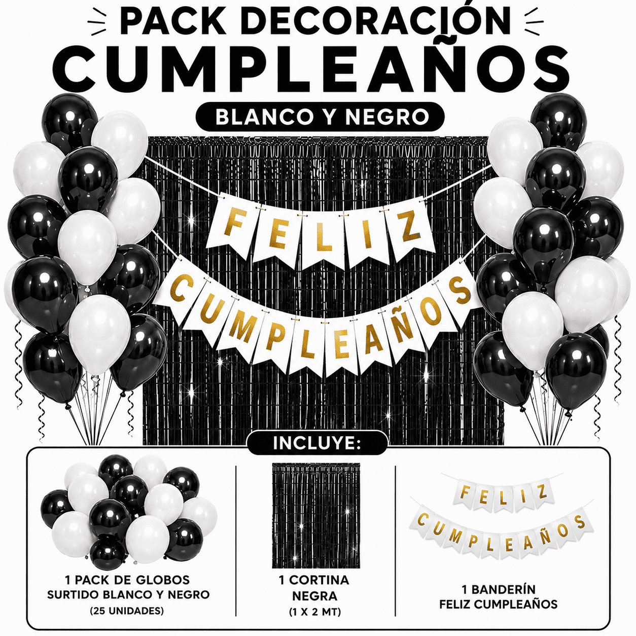 Genérico - Pack Decoracion Cotillon Blanco -negro