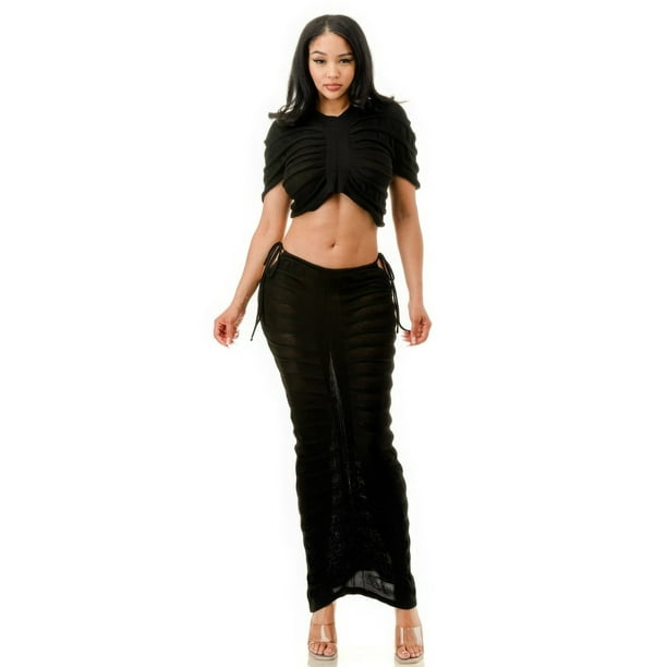 Conjunto De Top Corto De Manga Corta Transparente Liso Y Falda Larga Ajustable Con Cordones Negro (para Mujer)