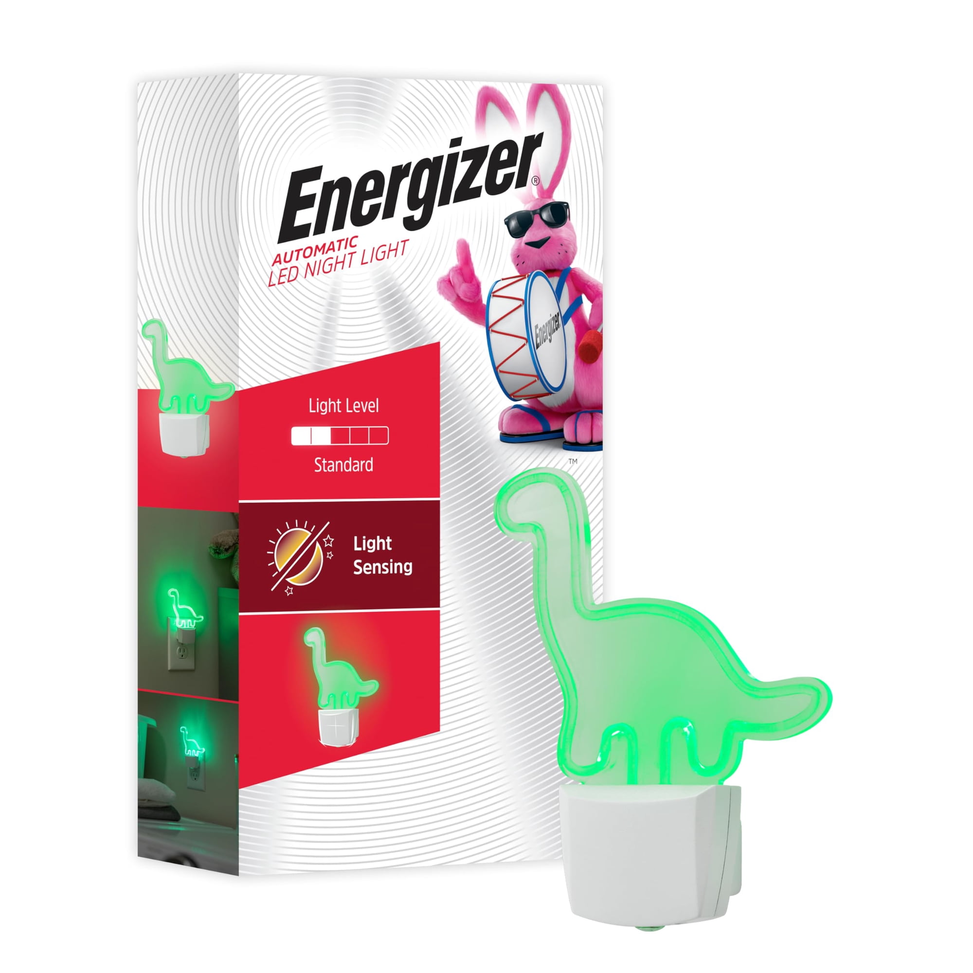 Night Light Energizer, Dinosaurio De Cuello Largo, Color Verde Neón
