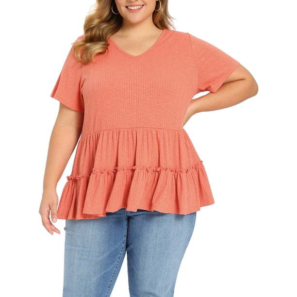 GRACE & GRANDEUR Blusas Peplum de Verano para Mujer Tallas Grandes de Pascua Babydoll con Textura en Capas Plisadas Cuello en V Manga Corta Ajuste Suelto Casual 3X Naranja