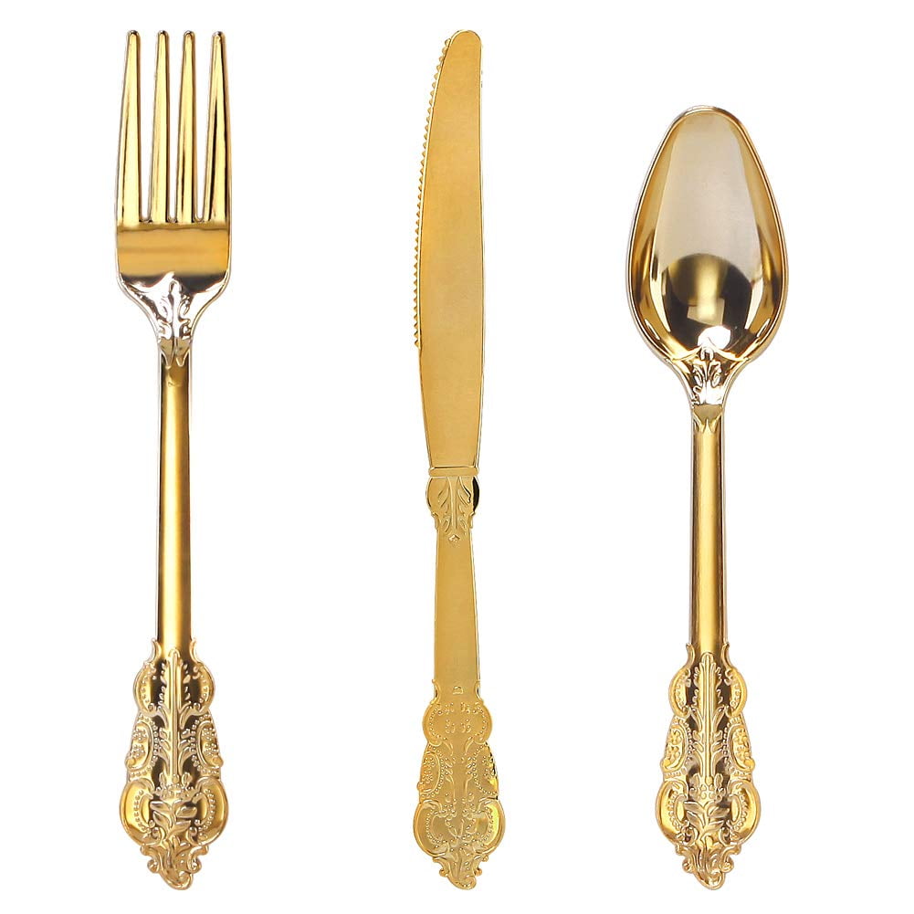 Juego Desechable De Cubiertos De Plástico Dorado, 300 Piezas, Wdf