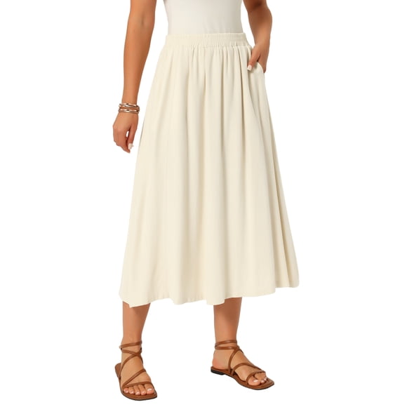 INSPIRE CHIC Falda de Lino para Mujer Verano Casual Flowy Swing Elástica de Cintura Alta A-Line Boho Midi Faldas con Bolsillos L Beige