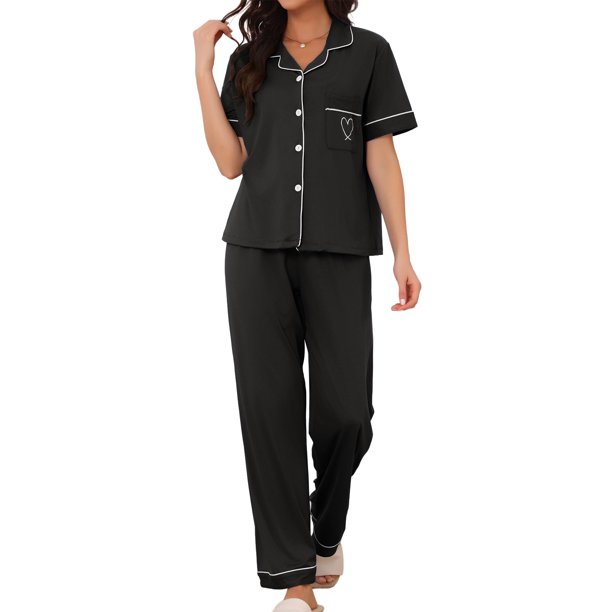 INSPIRE CHIC Conjunto de Pijama para Mujer con Botones, Lazo, Manga Corta, Parte Superior y Pantalones, Pijamas Suaves para Novia, Conjunto de Dos Piezas para Dormir, Talla XL, Negro