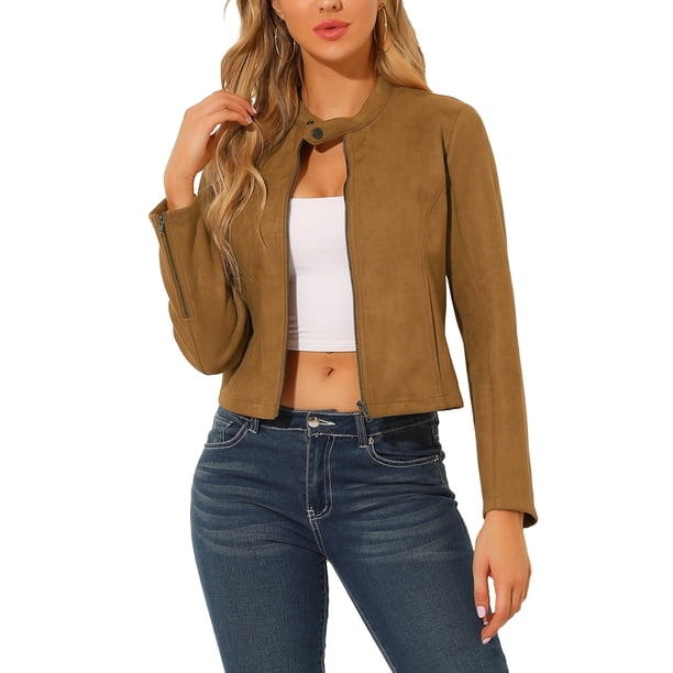 INSPIRE CHIC Chaqueta de Mujer de Imitación de Gamuza con Cremallera, Corta, Estilo Biker Moto, Abrigo para Looks Casuales y Elegantes S Marrón