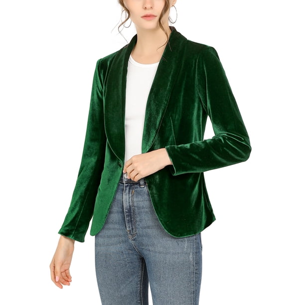 INSPIRE CHIC Blazer de Terciopelo para Mujer Color Sólido Cuello de Chal Una Botón Traje de Trabajo XL Verde