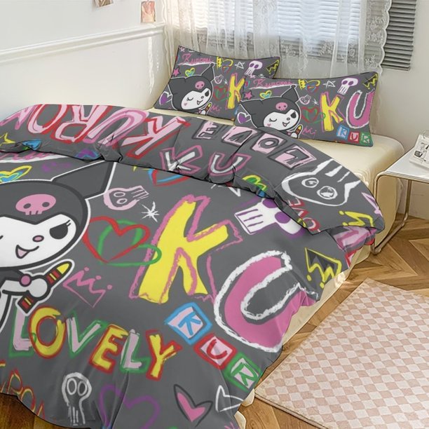 Kuromi Print Bedding Set Pattern Duvet Cove Set 3 Pieces 1 Quilt Cover And 2 Pillowcases for Women Men Teens