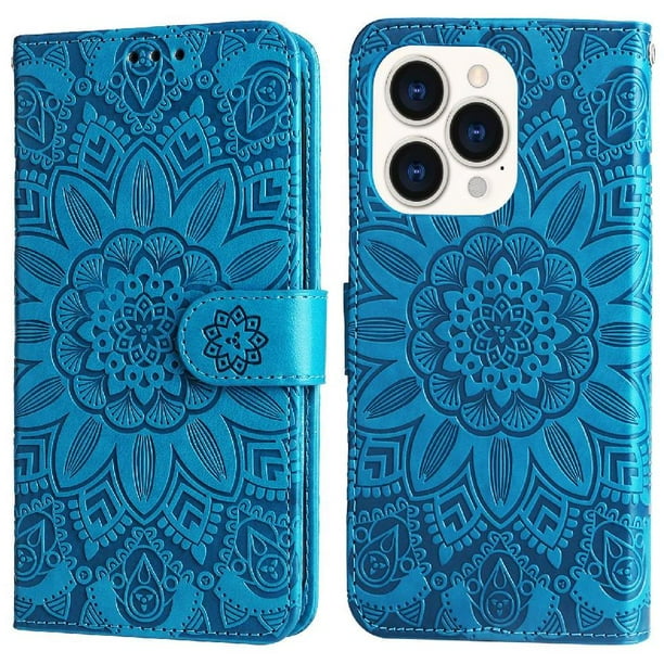 Funda tipo cartera FOXDOCK para iPhone 14 Pro , diseño girasol en relieve, cuero PU, cierre magnético, soporte y tarjetero