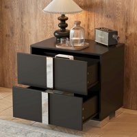M&Ms - Elegant Nightstand With Metal Foot, Mirrored Bedside Table With 2 Drawers For Bedroom, Living Room, Black