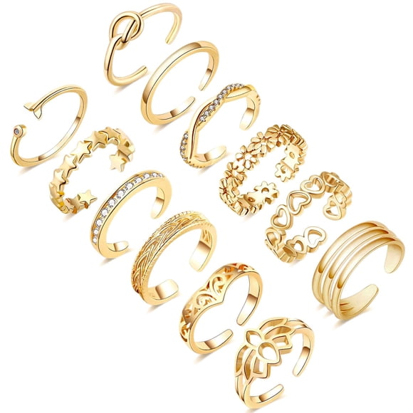 Anillos para el dedo del pie Honsny, 12 piezas, chapados en oro de 14K y plata, ajustables