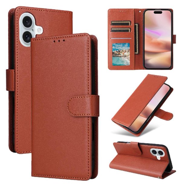Funda Cartera para iPhone 16 Plus con Tarjetero, Soporte y Cordón - Protección Marrón