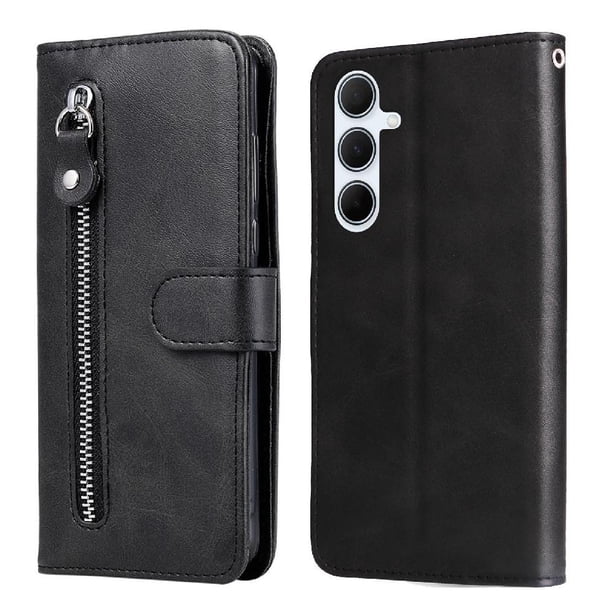 Funda tipo cartera para Samsung Galaxy A56 5G con bolsillo con cremallera y ranuras para tarjetas – Función de soporte Negro