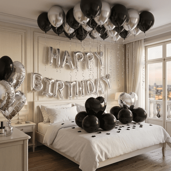 Kit Decoración Cumpleaños Globos Happy Birthday y Corazones Negro Plata