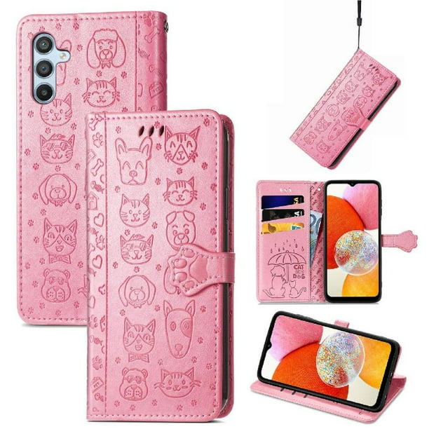 Funda Cartera FOXDOCK para Samsung Galaxy A14 4G , Flip PU con Relieve de Gatos y Perros, Tarjetero y Soporte