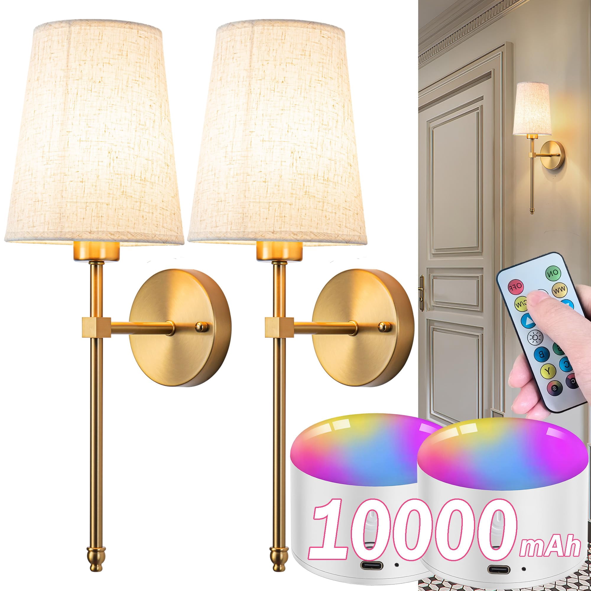 Set De Apliques De Pared Yhcdlamp A Batería Con Control Remoto, 2 Unidades