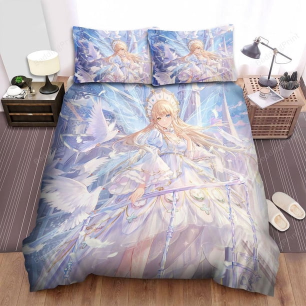 White Fairy Queen Anime Art Style Quilt Duvet Cover Set Bedding Bedclothes 3-Piece Bedding Set