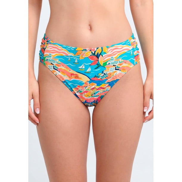 Bikini clásico costados drapeados estampado turquesa Talla M