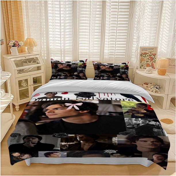 3pcs Damon Salvatore Pink Collage Gothic and Cute Elements Themed Bedding Set Soft and Comfortable Suitable for All Seasons