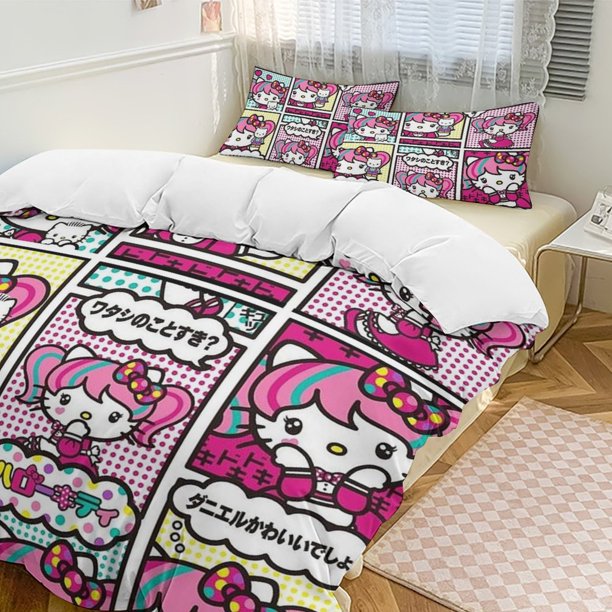 Hello Kitty 3-Piece Twin Bed Set - Includes 1 Single Comforter And 2 Pillowcases Bedding - Fade Resistant Microfiber - Hello Kitty