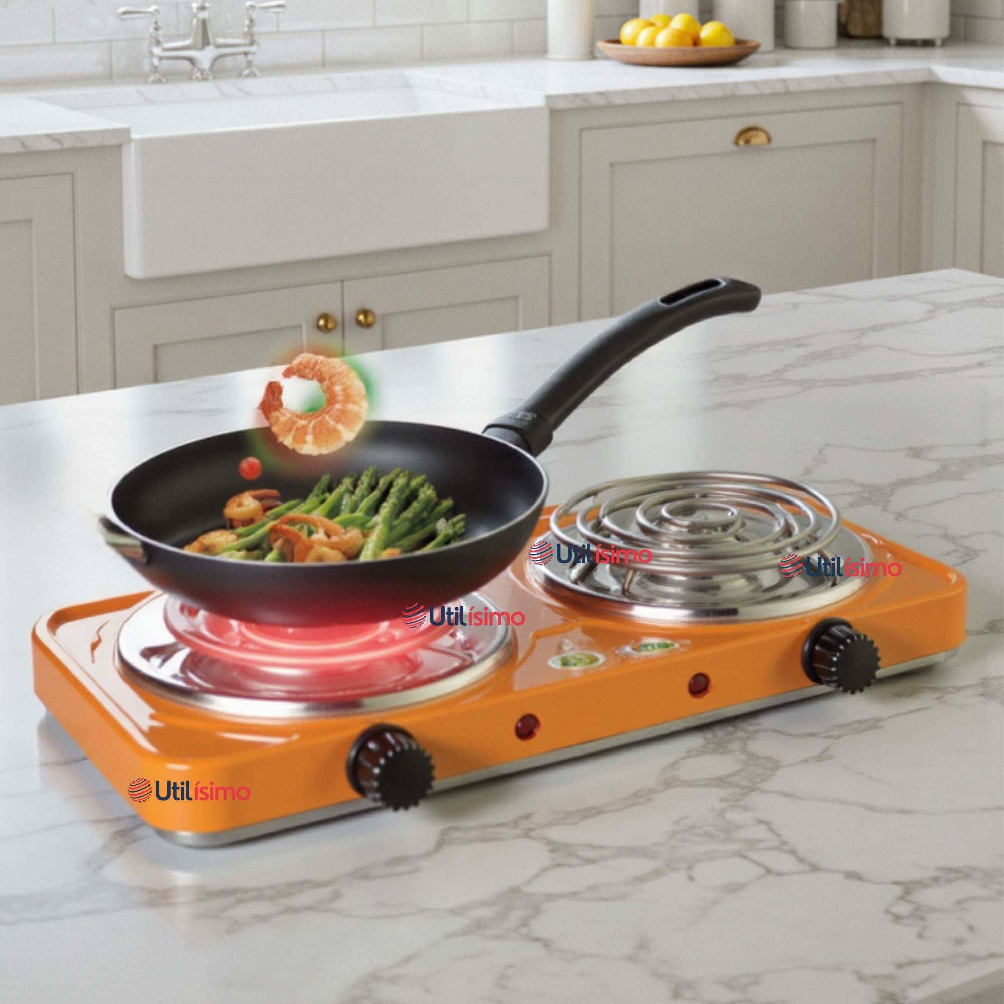 Raf - Cocina Electrica Doble Plato Naranja 2000w De Potencia