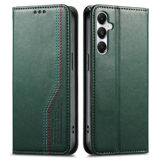 Funda tipo cartera para Samsung Galaxy A55 de piel con cierre magnético, ranuras para tarjetas y correa para la muñeca Verde