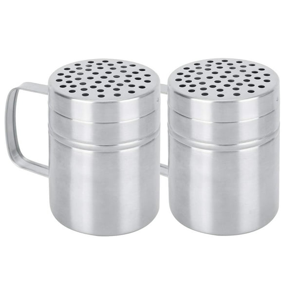 Salero y pimentero con asa, salero de acero inoxidable para cocina, recipiente para condimentos, dispensador de especias con orificios en la tapa para sal, pimienta, canela, azúcar glas y barbacoa.