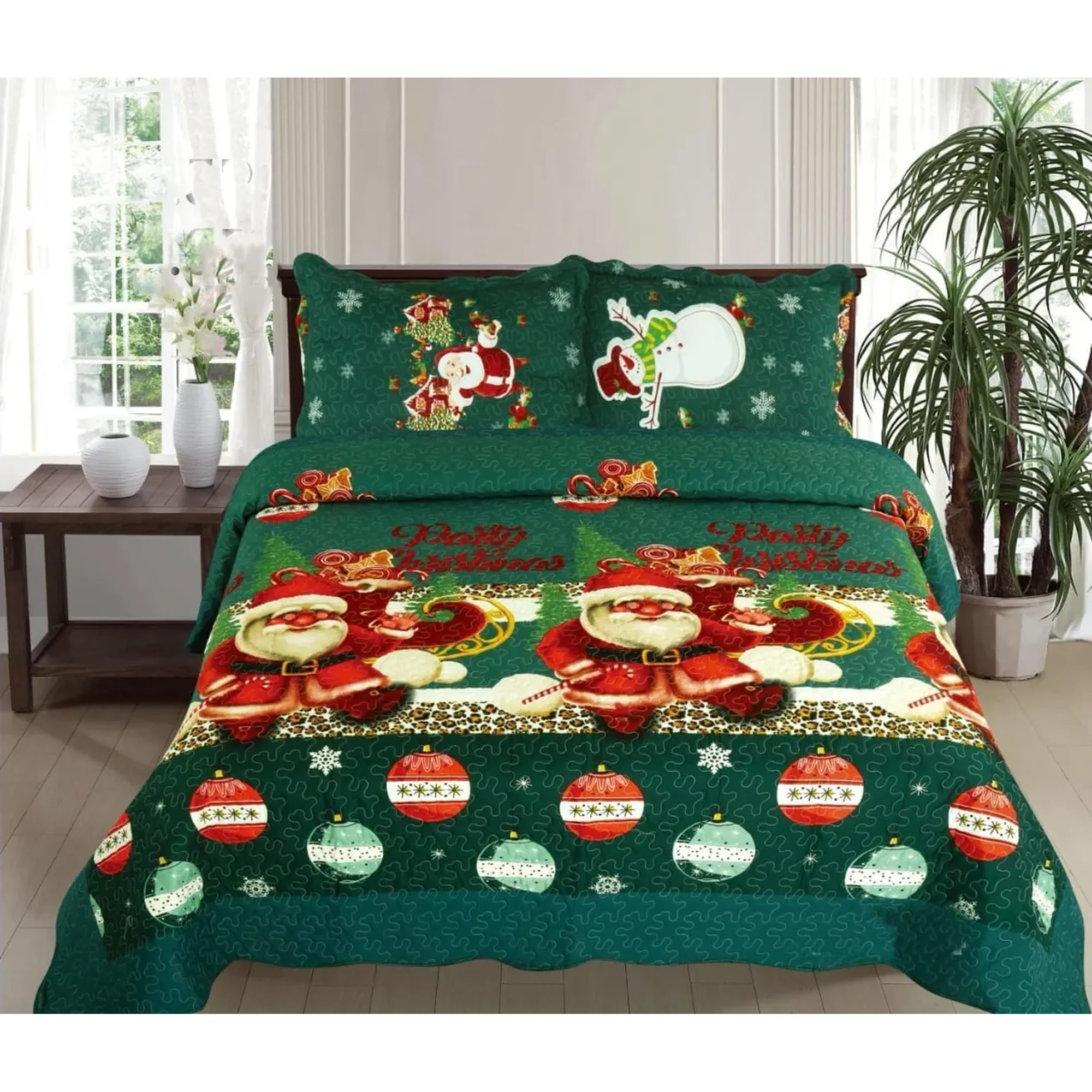 Casadeliacl - Cubrecama Navideño 2 Plaza Quilt De Verano Tf Verde Musgo Esfera Navideña