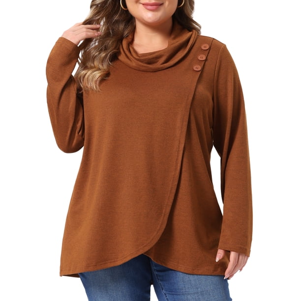 Agnes Orinda Conjuntos de Halloween para Mujeres Tallas Grandes Cuello Alto Envolvente Blusa Túnica Asimétrica con Botón Lateral Manga Larga Casual de Negocios 3X Naranja Marrón