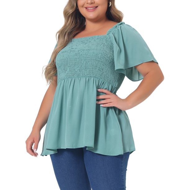 Agnes Orinda Blusas de Verano para Mujer de Talla Grande Cuello Cuadrado Manga Corta Volante Dobladillo Casual Suelta Blusa 2X Verde
