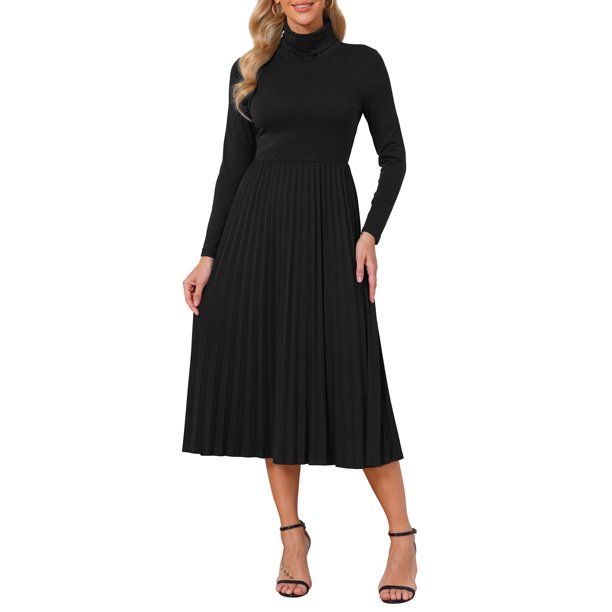 INSPIRE CHIC Vestido de Punto Plisado para Mujer de Manga Larga Cuello Alto Casual de Negocios Suéter Vestido Línea A Midi Conjuntos de Otoño Invierno M Negro
