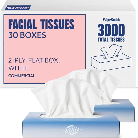 Toallitas faciales WipeSmith 30 cajas planas de 2 capas, 3000 hojas