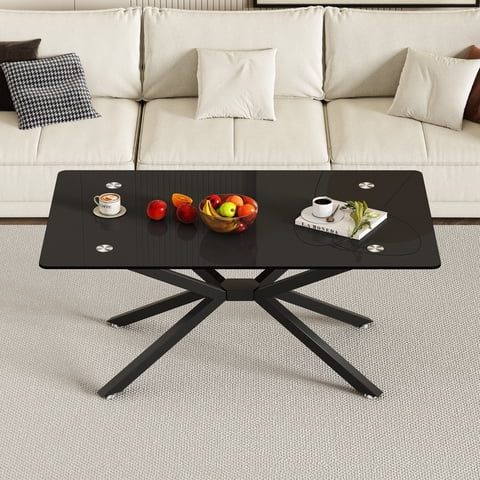 M&Ms - 39.37"" Rectangle Black Glass Coffee Table,Stylish Design With Black Metal Legs, Coffee Table For Living Room