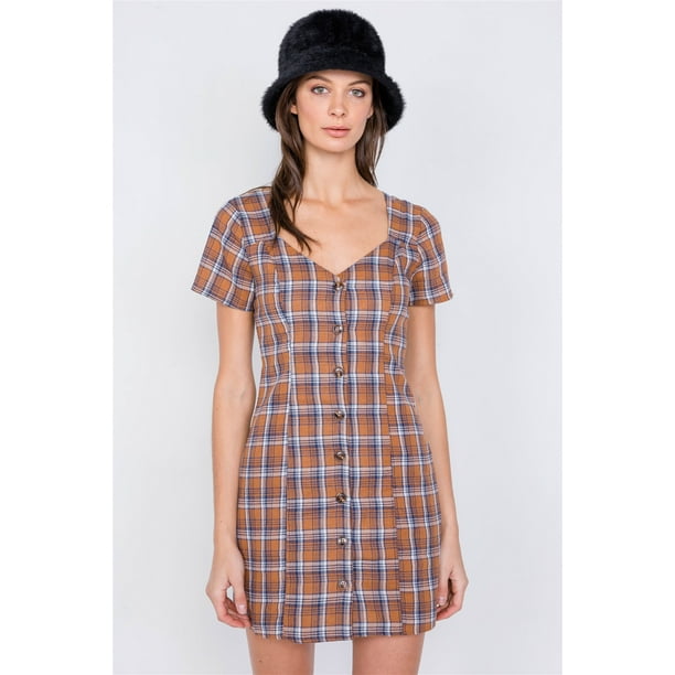 Vestido Mini Vintage Casual con Espalda Abierta y Rayas a Cuadros Marrones