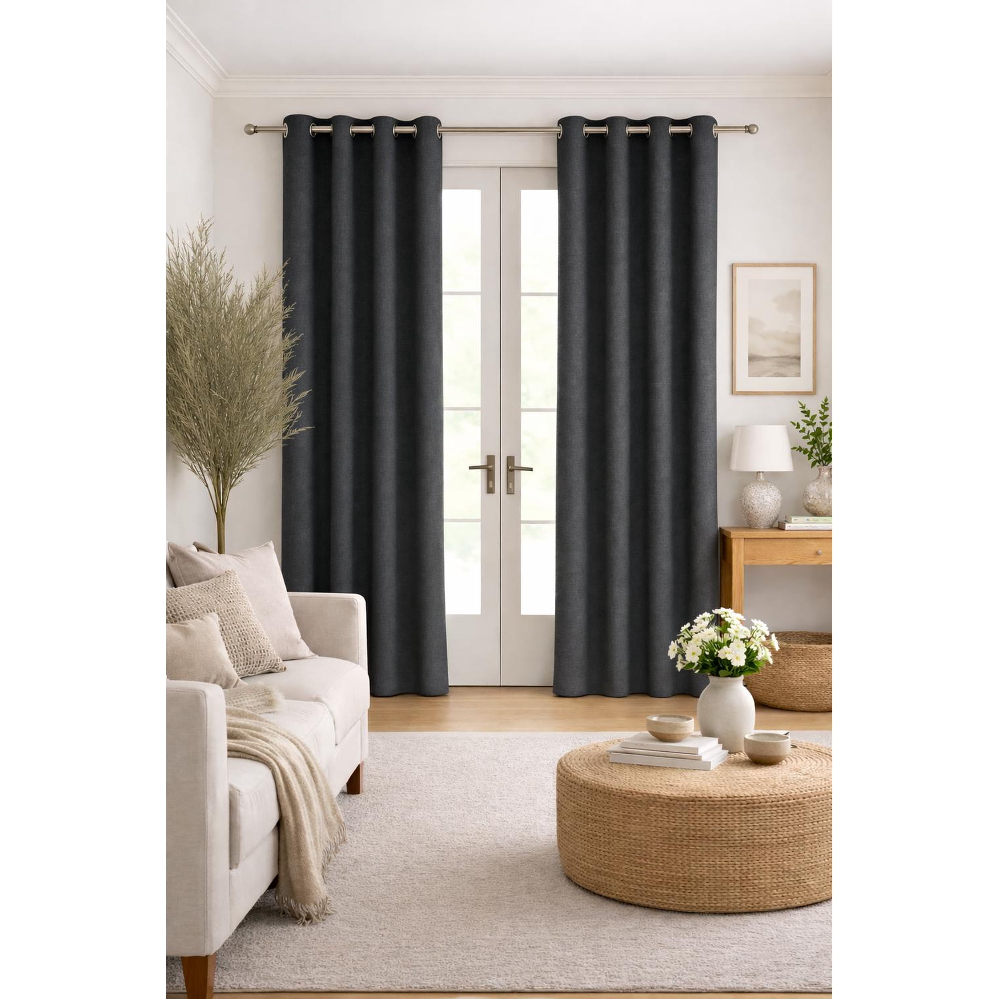 Clems - Cortina De Tela Tipo Lino 100% Blackout Engomada 2 Paños Gris Oscuro