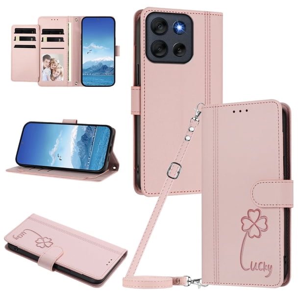 Funda Cartera Trébol para Motorola Moto G56 con Ranuras Tarjetas y Carga Inalámbrica Rosa