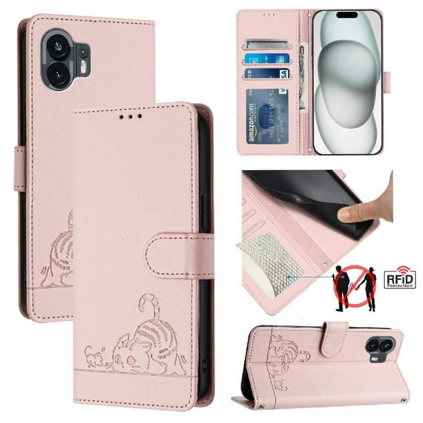 Funda tipo cartera FOXDOCK para Nothing phone 2A con soporte, ranuras, RFID, diseño de gato