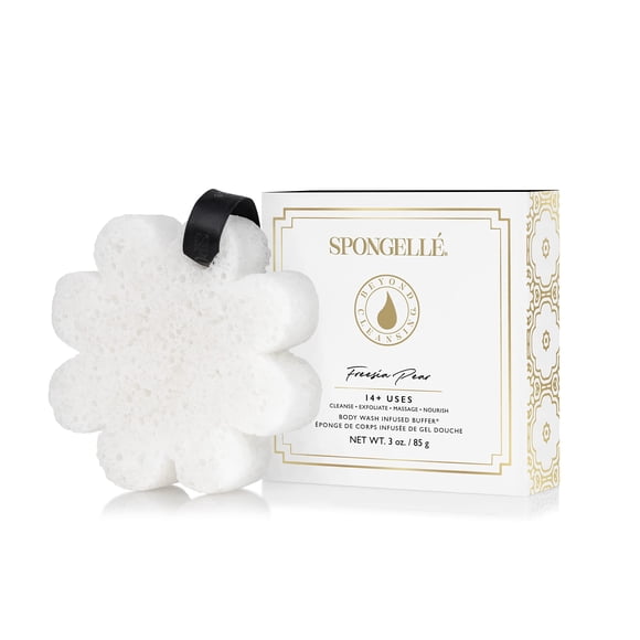 Gel de baño con espuma amortiguadora, esponjosa, flor en caja, fresia y pera