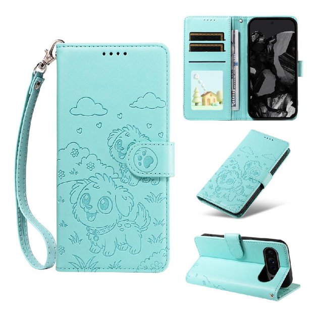 Funda Cartera para Google Pixel 10/10 Pro Perro Cachorro Grabado con Tarjetas Soporte Correa Verde
