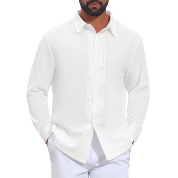 Camisas de Lino con Botones de Manga Larga para Hombre con Bloque de Color y Encaje Talla XL Blanco