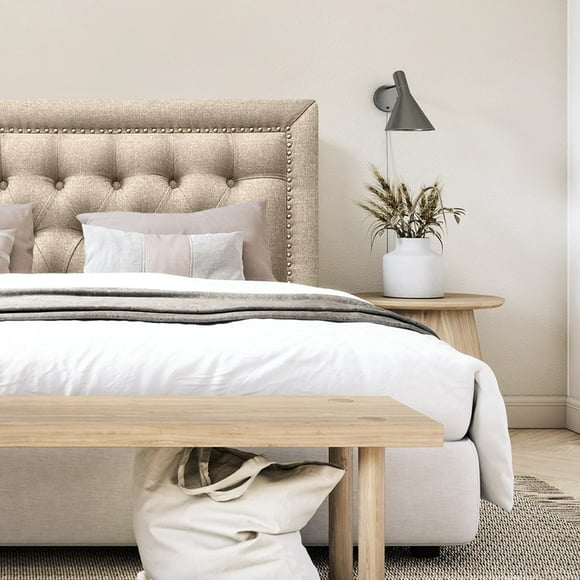 Respaldo de Cama Capitone Frame Tachas 2 Plazas Lino Beige