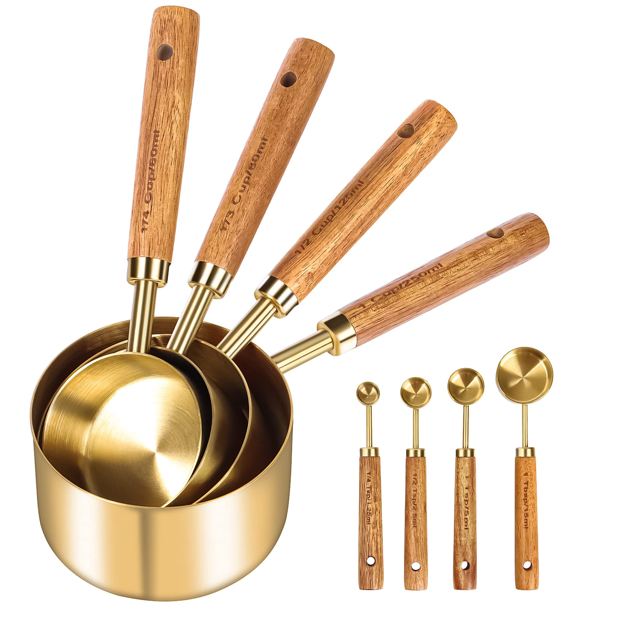 Xusx111 - Copas De Medición De Oro Y Cucharas Set De 8, Mango De Madera Con Mediciones, Acero Inoxidable Premium, Acabado Pulido Dorado, Copa De Medición Seca Y Líquida Para Cocinar Y Hornear
