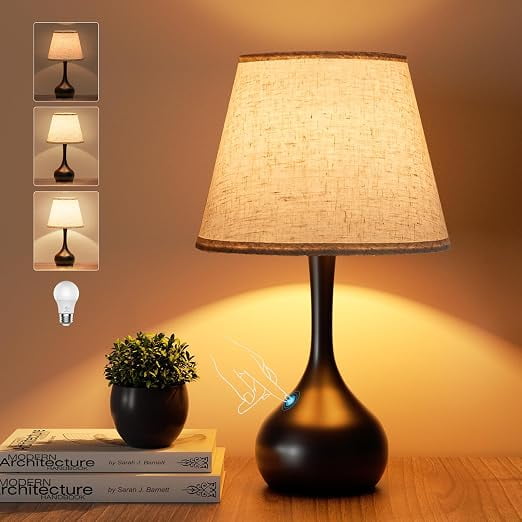 Lámpara de noche táctil, lámpara de mesa regulable de 3 vías para mesita de noche con pantalla de tela, lámpara de escritorio de 17.32 pulgadas para lectura, dormitorio, sala de estar,
