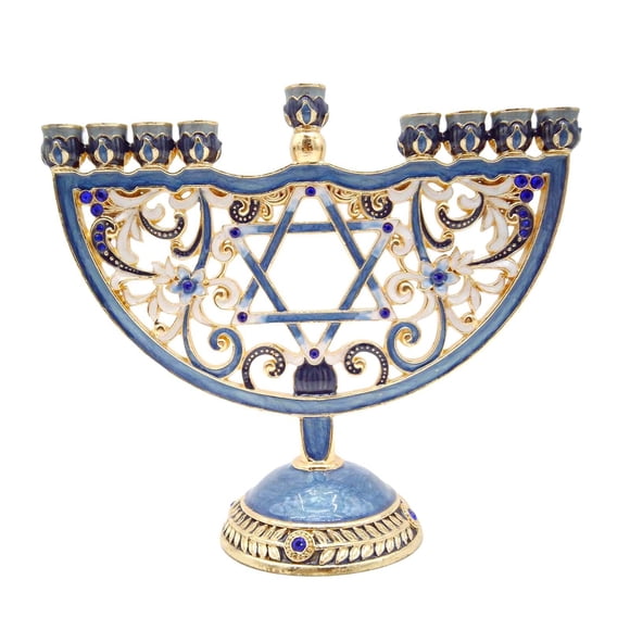 Menorah Candelabro de Metal Esmaltado Portavelas de Hanukkah Pintado a Mano Candelabro Religioso con Diseño Creativo Adecuado para Mesa de Oración Altar Decoración de Festividades G azul
