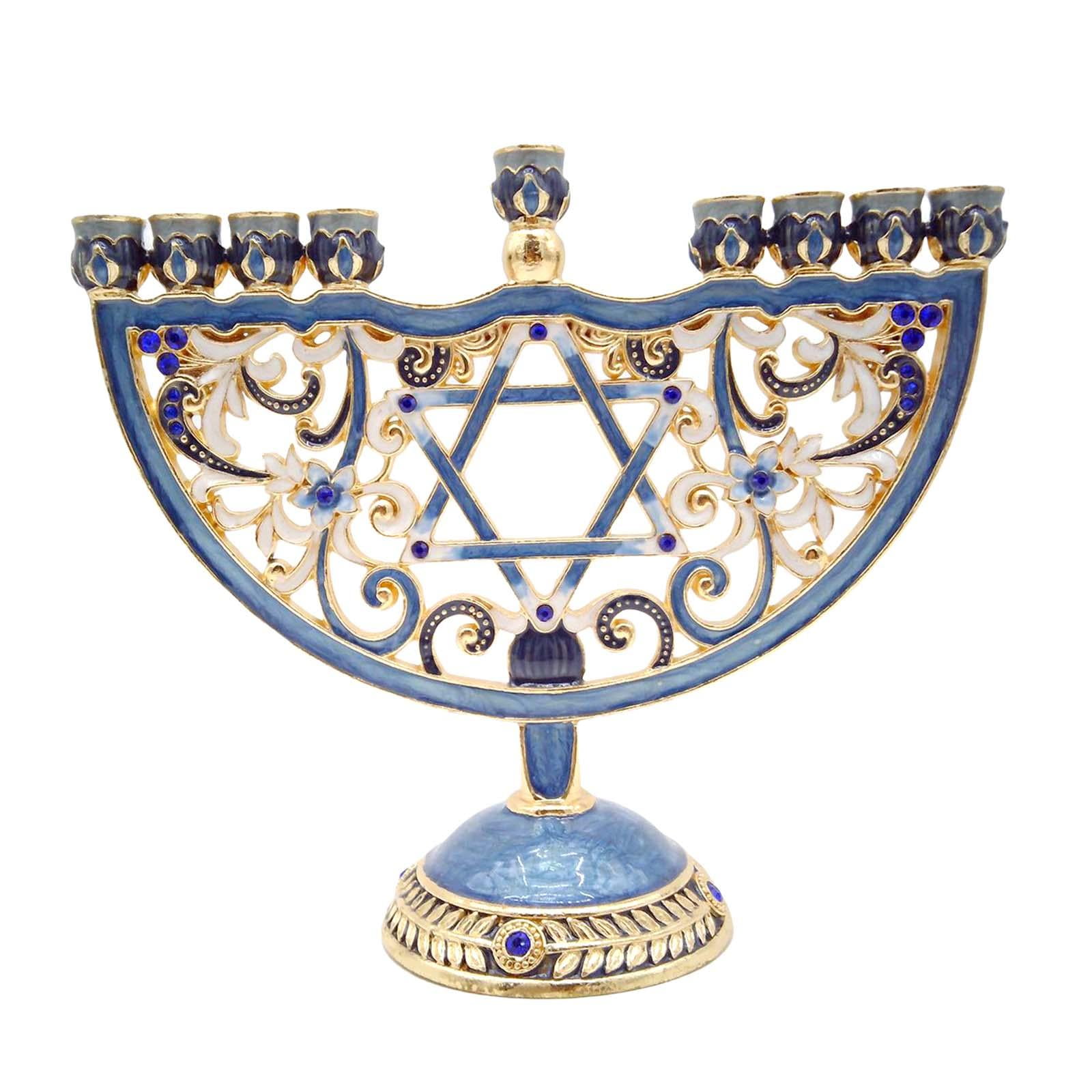 Magideal - Menorah Candelabro De Metal Esmaltado Portavelas De Hanukkah Pintado A Mano Candelabro Religioso Con Diseño Creativo Adecuado Para Mesa De Oración Altar Decoración De Festividades G Azul
