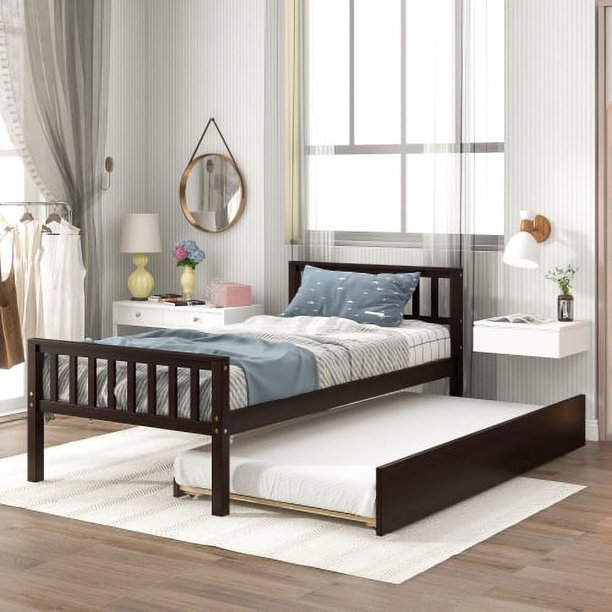 Cama doble con trundle, marco de cama de plataforma con cabecera y pie, para dormitorio pequeño espacio de vida, no se necesita muelle de caja