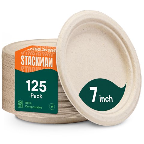 Platos De Papel Stack Man, 7 Pulgadas, 125 Unidades, Bagazo Compostable
