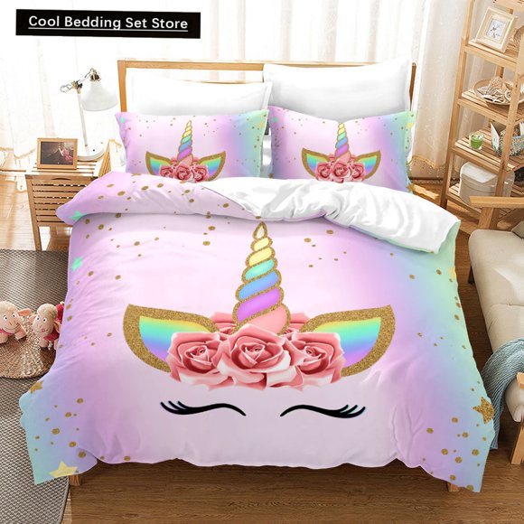 Kids Unicorn Eyelash Pink Princess Duvet Cover Bedding Set Fairy Magic Animal Closed Eye Polyester Quilt Cover Bed Sheets