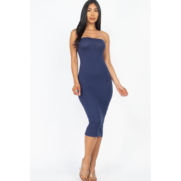 Saronite Vestido Midi Básico Ajustado sin Tirantes, Azul Marino (para Mujer)