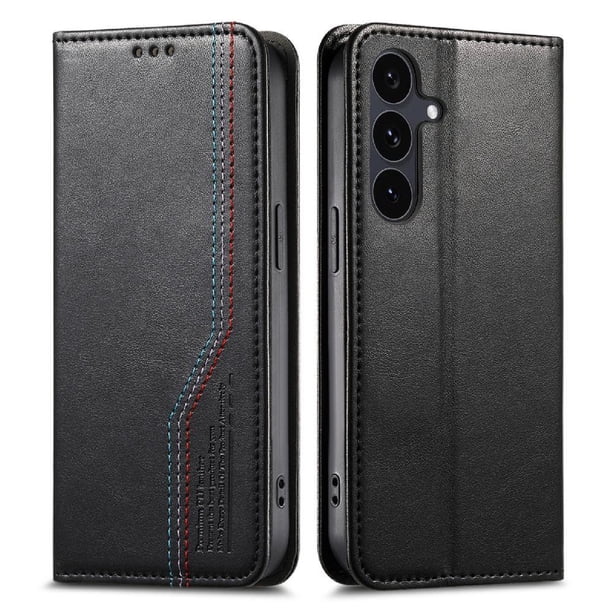 Funda tipo cartera para Samsung Galaxy S25 Plus de piel con cierre magnético, ranuras para tarjetas y correa para la muñeca Negro