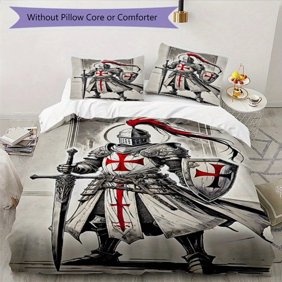 3pcs Bedding Set Duvet Cover Closure Includes 1 Duvet Cover & 2 Pillowcases for All Seasons Bedroom Decor, Home Dorm High-Definition Print Templar Knight A414
